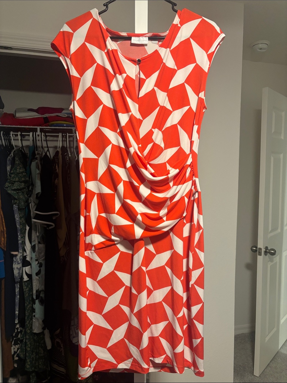 New York & Company Orange and White Geometric Drape-Front Dress